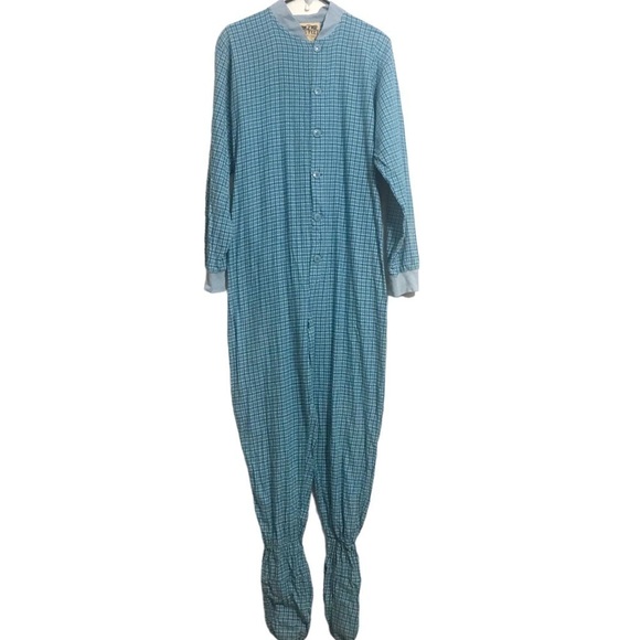 Big Feet Adult Onsie Footed Bumm Flap Back Pajama Flannel Blue Plaid Small - Picture 1 of 9
